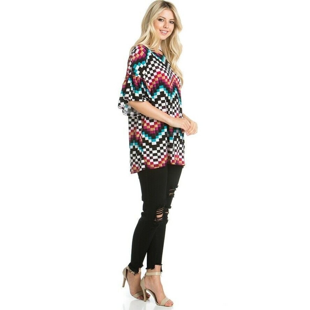 AZULES O'Neck Small Red Chevron Print Bell Sleave Popover Top - Picture 5 of 6